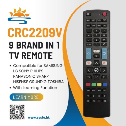 SYSTO丨CRC2209V Universal Replacement Remote Control for 9 Brand SAMSUNG/LG/SONY/PHILIPS/PANASONIC/SHARP/TOSHIBA/HISENSE/GRUNDIG LED LCD TV